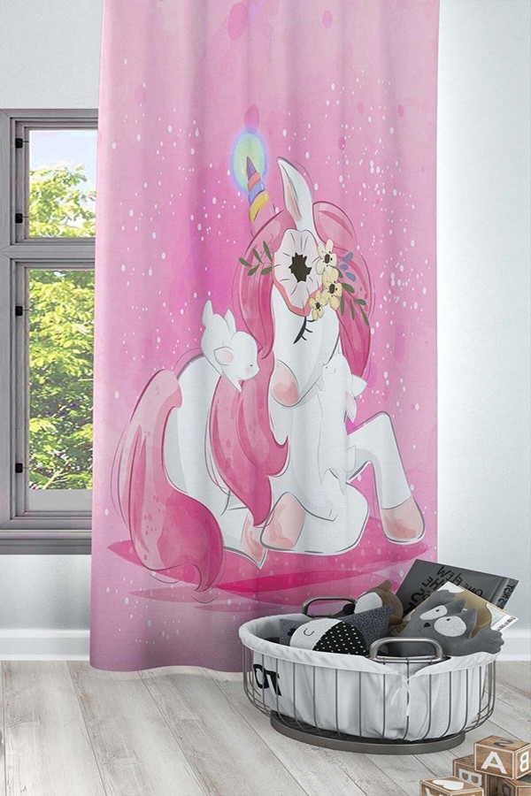 Pembe Unicorn Atlı Desenli Dekoratif Çocuk Ve Bebek Odası Fon Perde Pembe Unicorn Atlı Desenli Dekoratif Çocuk Ve Bebek Odası Fon Perde