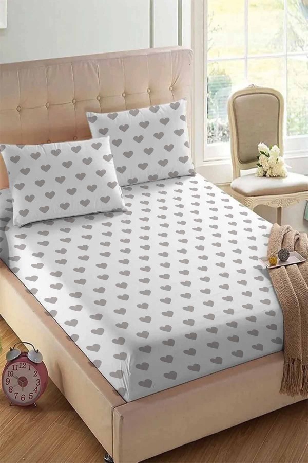 Else Beyaz Gri Kalp Desenli Lastikli Çift Kişilik Lastikli Yastıklı Çarşaf Takımı 160x200cm