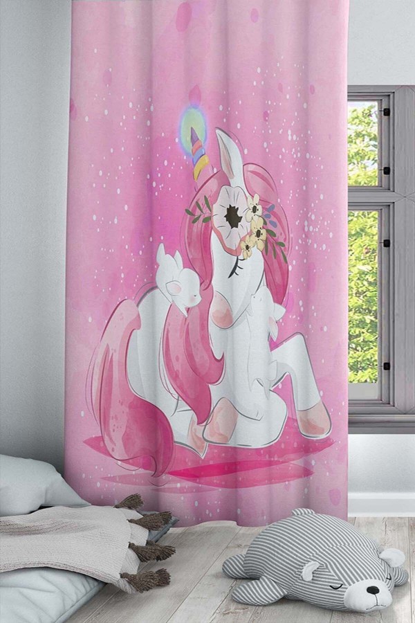 Pembe Unicorn Atlı Desenli Dekoratif Çocuk Ve Bebek Odası Fon Perde Pembe Unicorn Atlı Desenli Dekoratif Çocuk Ve Bebek Odası Fon Perde