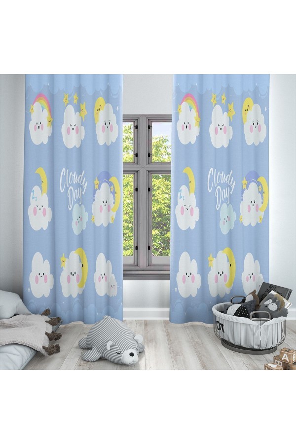 Sevimli Bulutlar Desenli Dekoratif Çocuk Ve Bebek Odası Fon Perde Sevimli Bulutlar Desenli Dekoratif Çocuk Ve Bebek Odası Fon Perde