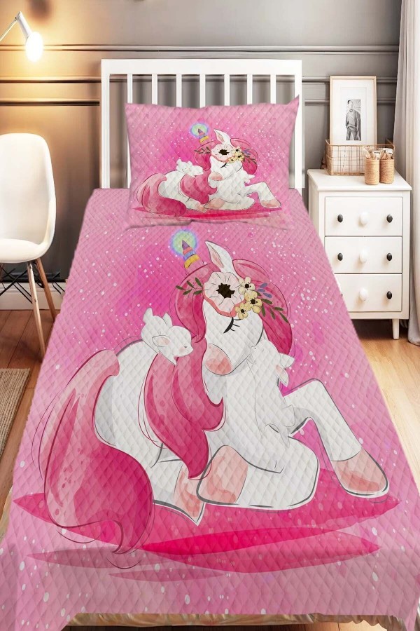 Pembe Unicorn Atlı Desenli Tek Kişilik Çocuk Pike Takımı Pembe Unicorn Atlı Desenli Tek Kişilik Çocuk Pike Takımı