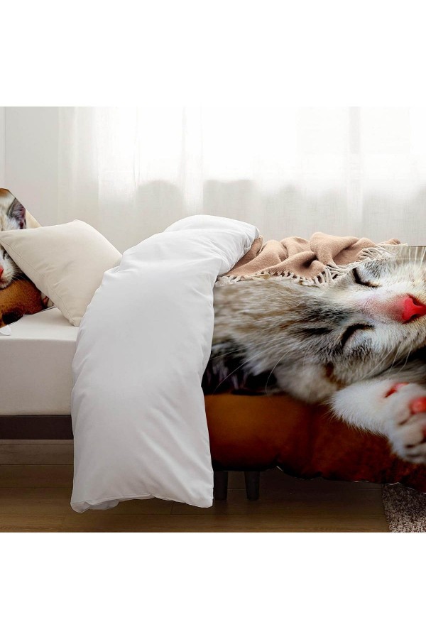 Uyuyan Kedi Desenli Baskılı Pamuk Saten Çocuk ve Tek Kişilik Nevresim Takımı