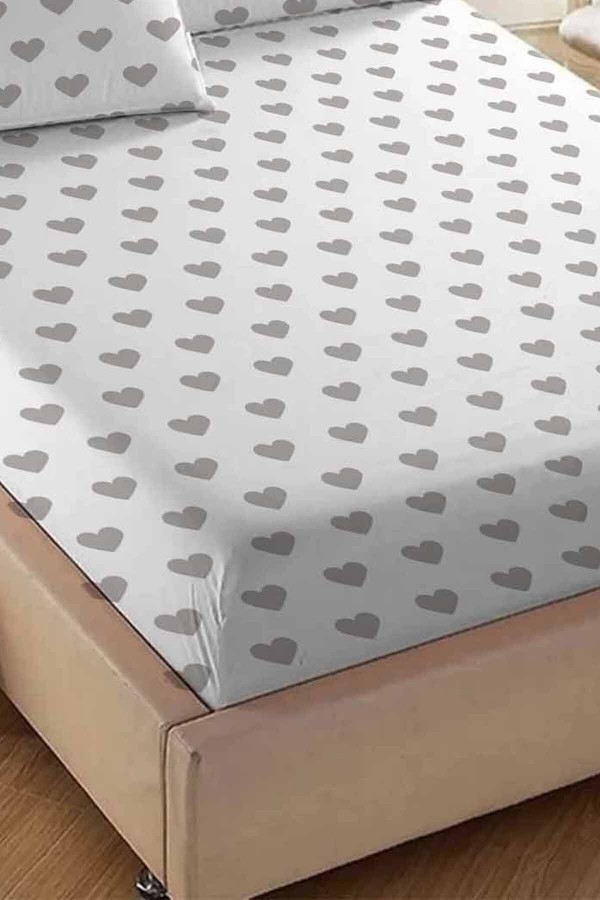 Else Beyaz Gri Kalp Desenli Lastikli Çift Kişilik Lastikli Yastıklı Çarşaf Takımı 160x200cm
