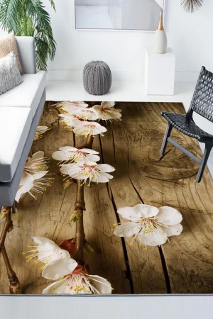 Ahşap Beyaz Çiçek Desenli Modern Kaymaz Yıkanabilir Mutfak Salon Halısı