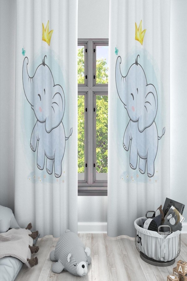 Minik Prens Taçlı Fil Desenli Dekoratif Çocuk Ve Bebek Odası Fon Perde Minik Prens Taçlı Fil Desenli Dekoratif Çocuk Ve Bebek Odası Fon Perde