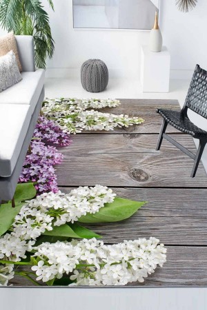 Mor Lavanta Çiçek Desenli Modern Kaymaz Yıkanabilir Mutfak Salon Halısı