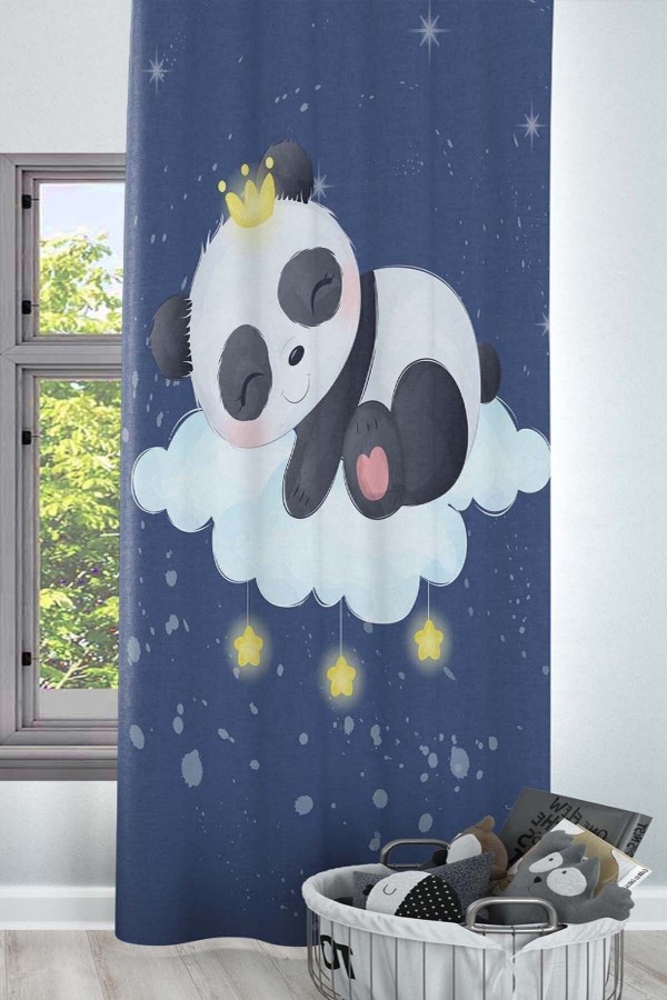 Mavi Gökyüzü Yıldızlar Panda Ayılı Desenli Dekoratif Çocuk Ve Bebek Odası Fon Perde