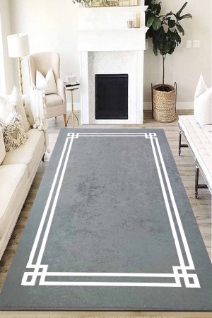 Dijital Kaymaz Gri Beyaz Bordür Çizgi Çerçeveli Salon Halısı Halı Yolluk