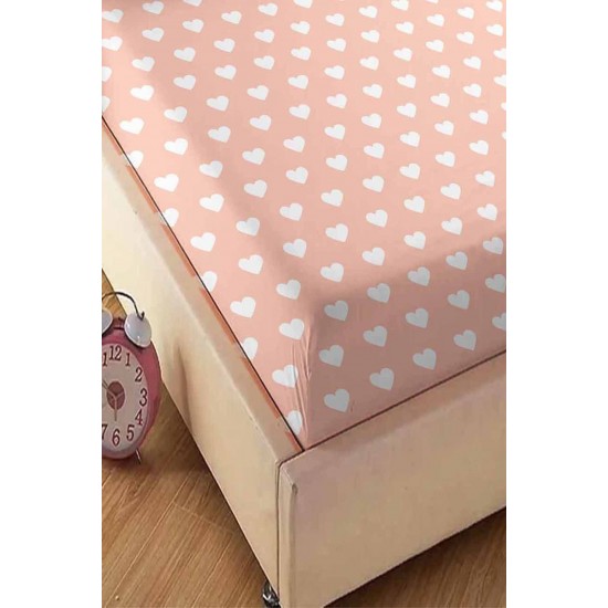 Yavruağzı Pembe Beyaz Kalpli Desenli Lastikli Tek Kişilik Yastıklı Lastikli Çarşaf Takımı 90x190cm Yavruağzı Pembe Beyaz Kalpli Desenli Lastikli Tek Kişilik Yastıklı Lastikli Çarşaf Takımı 90x190cm