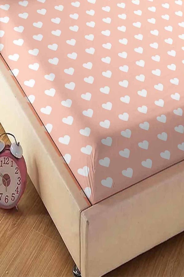 Yavruağzı Pembe Beyaz Kalpli Desenli Lastikli Tek Kişilik Yastıklı Lastikli Çarşaf Takımı 90x190cm Yavruağzı Pembe Beyaz Kalpli Desenli Lastikli Tek Kişilik Yastıklı Lastikli Çarşaf Takımı 90x190cm