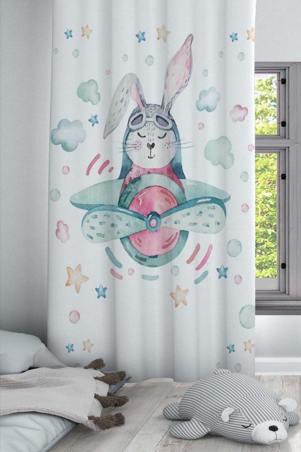 Sevimli Uçaklı Tavşan Desenli Dekoratif Çocuk Ve Bebek Odası Fon Perde Sevimli Uçaklı Tavşan Desenli Dekoratif Çocuk Ve Bebek Odası Fon Perde
