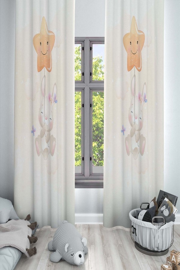 Yıldızlı Sevimli Tavşan Desenli Dekoratif Çocuk Ve Bebek Odası Fon Perde Yıldızlı Sevimli Tavşan Desenli Dekoratif Çocuk Ve Bebek Odası Fon Perde