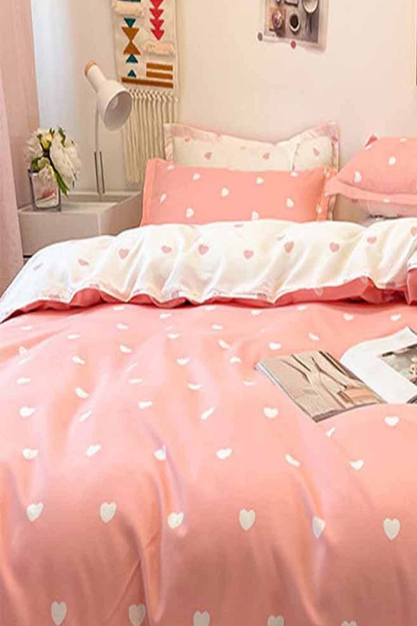 Pembe Kalpli Çift Taraflı Pamuk Saten Tek Kişilik Nevresim Takımı