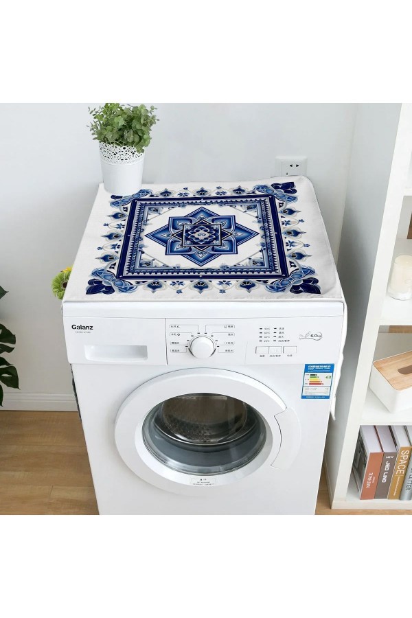 Mavi Beyaz Çiçekli Desenli Dekoratif Bulaşık Kurutma ve Çamaşır Makinesi Örtüsü 60x140cm