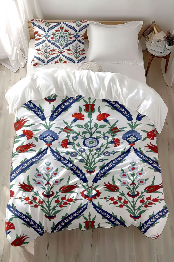 Osmanlı Çini Lale Desenli Baskılı Pamuk Saten Çocuk ve Tek Kişilik Nevresim Takımı