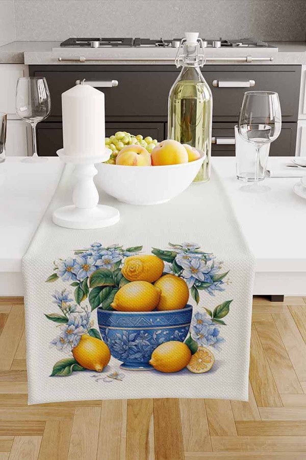 Vintage Limonlar Desenli Dijital Baskılı Leke Tutmaz Dertsiz Dekoratif Runner 40x140cm