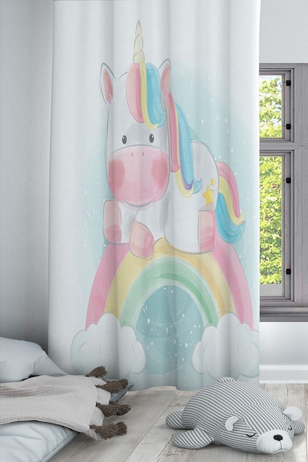 Renkli Gök Kuşağı Unicorn Desen Bebek Çocuk Odası Fon Perde Kırlent Kılıfı Hediyeli