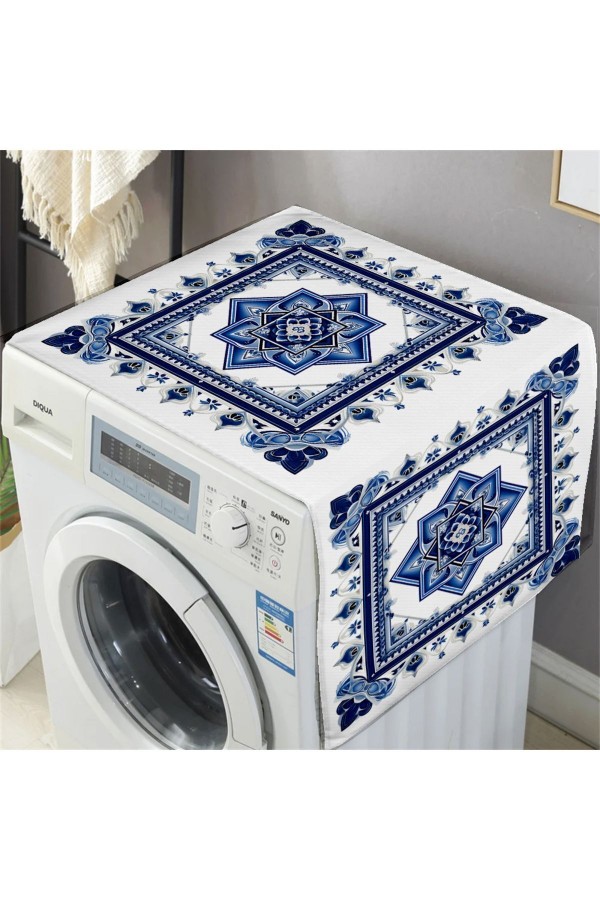 Mavi Beyaz Çiçekli Desenli Dekoratif Bulaşık Kurutma ve Çamaşır Makinesi Örtüsü 60x140cm