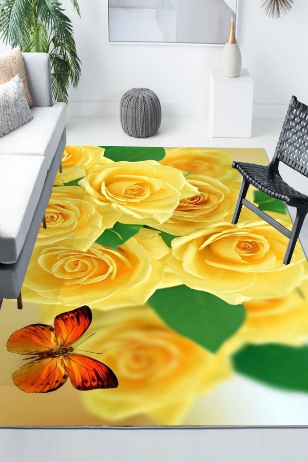 Sarı Güller Kelebekler Desenli Modern Kaymaz Yıkanabilir Mutfak Salon Halısı Sarı Güller Kelebekler Desenli Modern Kaymaz Yıkanabilir Mutfak Salon Halısı