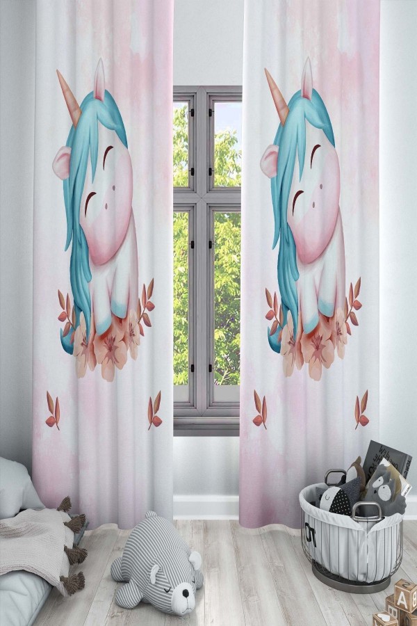 Pembe Unicorn Atlı Desenli Dekoratif Çocuk Ve Bebek Odası Fon Perde Pembe Unicorn Atlı Desenli Dekoratif Çocuk Ve Bebek Odası Fon Perde