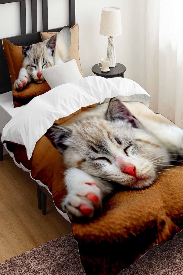 Uyuyan Kedi Desenli Baskılı Pamuk Saten Çocuk ve Tek Kişilik Nevresim Takımı