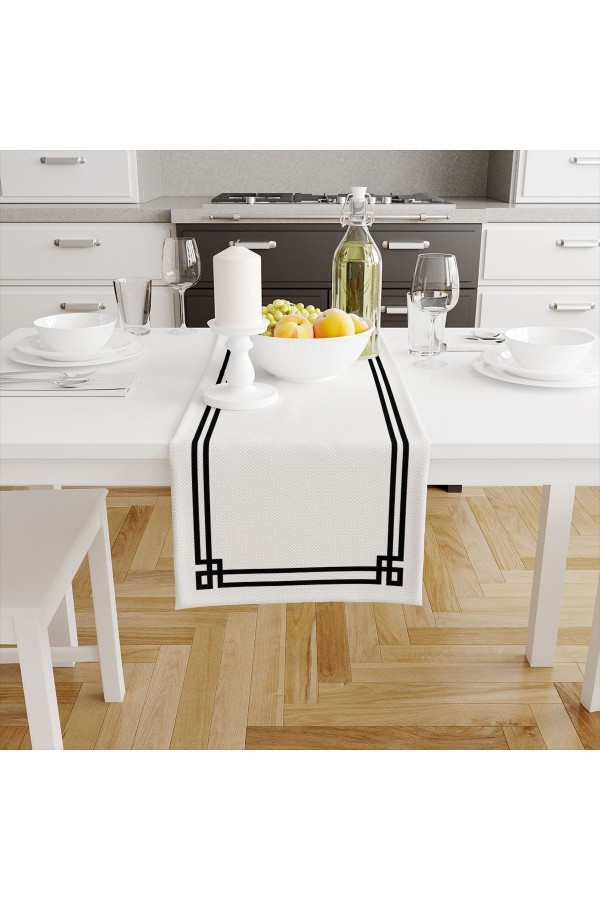 Beyaz Siyah Çizgili Desenli Baskılı Leke Tutmaz Yıkanabilir Dekoratif Masa Örtüsü Runner 40x140cm Beyaz Siyah Çizgili Desenli Baskılı Leke Tutmaz Yıkanabilir Dekoratif Masa Örtüsü Runner 40x140cm