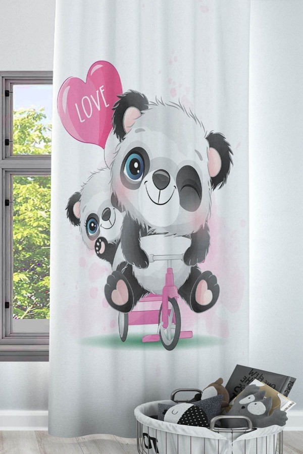 Pembe Love Bisikletli Panda Desenli Dekoratif Çocuk Ve Bebek Odası Fon Perde Pembe Love Bisikletli Panda Desenli Dekoratif Çocuk Ve Bebek Odası Fon Perde