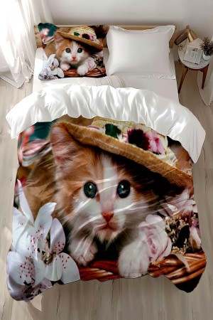 Şapkalı Kedi Desenli Baskılı Pamuk Saten Çocuk ve Tek Kişilik Nevresim Takımı Şapkalı Kedi Desenli Baskılı Pamuk Saten Çocuk ve Tek Kişilik Nevresim Takımı