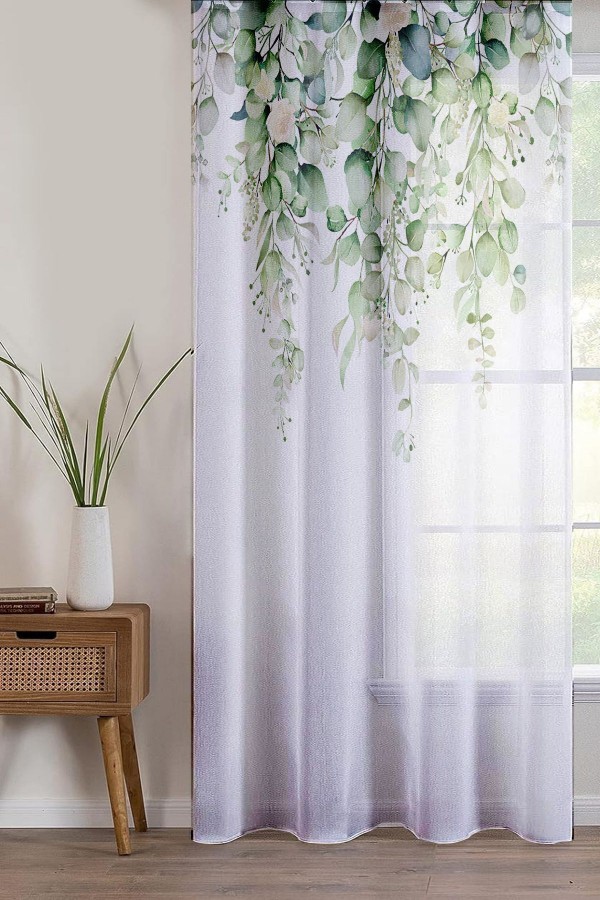 Yeşil Okaliptus Sarmaşık Desen Baskılı Dekoratif Salon Mutfak Tül Perde 140x260cm