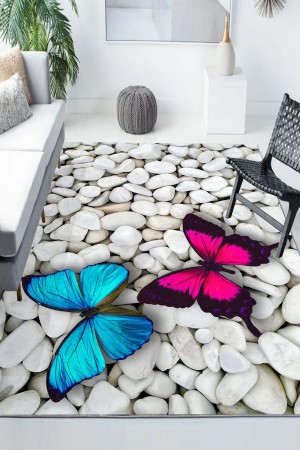 Pembe Mavi Kelebekli Desenli Modern Kaymaz Yıkanabilir Mutfak Salon Halısı