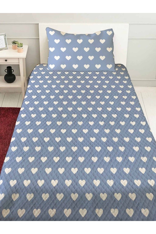 Mavi Kalpli Desenli Tek Kişilik Yastıklı Baskılı Yatak Örtüsü Pike Takımı 160x220cm