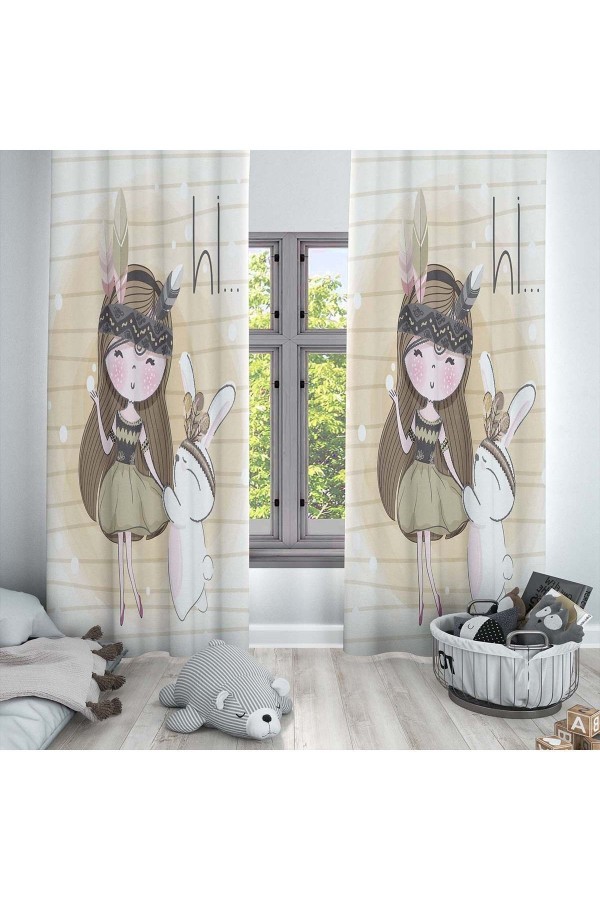 Tavşanlı Kız Desenli Dekoratif Çocuk Ve Bebek Odası Fon Perde