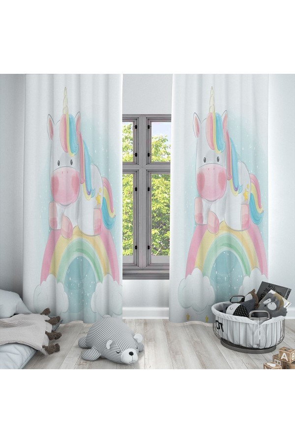 Renkli Gök Kuşağı Unicorn Desen Bebek Çocuk Odası Fon Perde Kırlent Kılıfı Hediyeli