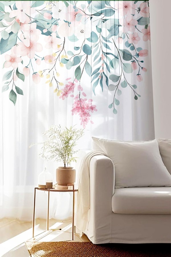 Renkli Çiçekli Desen Baskılı Dekoratif Salon Mutfak Tül Perde 140x260cm