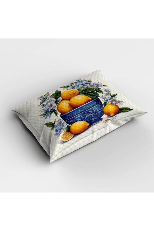 Vintage Limonlar Desenli Baskılı Çift Kişilik Pike Takımı Yatak Örtüsü