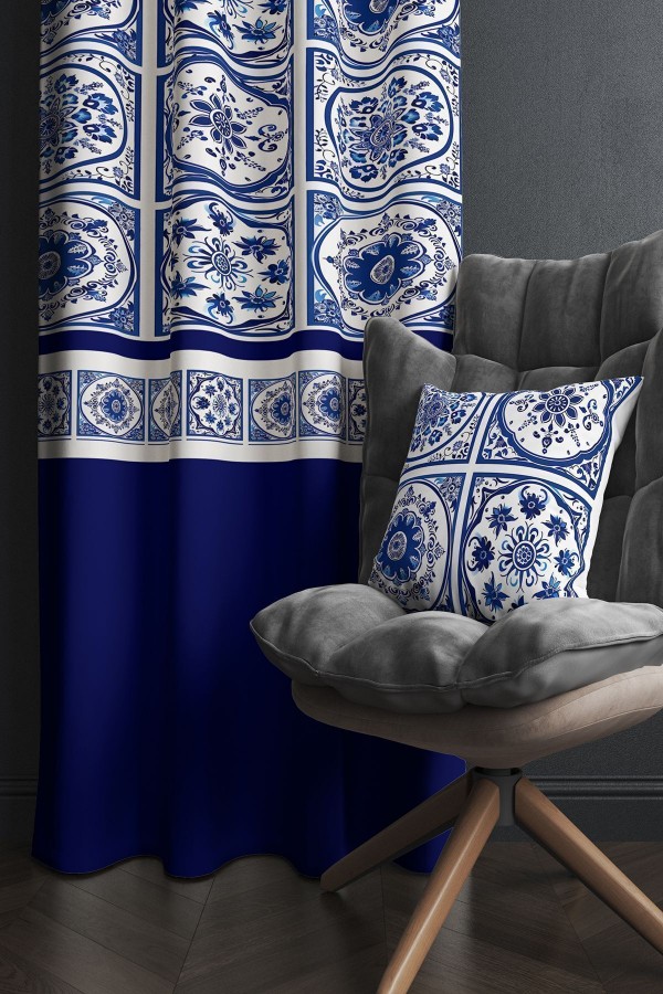 Mavi Beyaz Çini Desenli Baskılı Kırlent Kılıflı Salon Mutfak Fon Perde 140x260 cm Mavi Beyaz Çini Desenli Baskılı Kırlent Kılıflı Salon Mutfak Fon Perde 140x260 cm