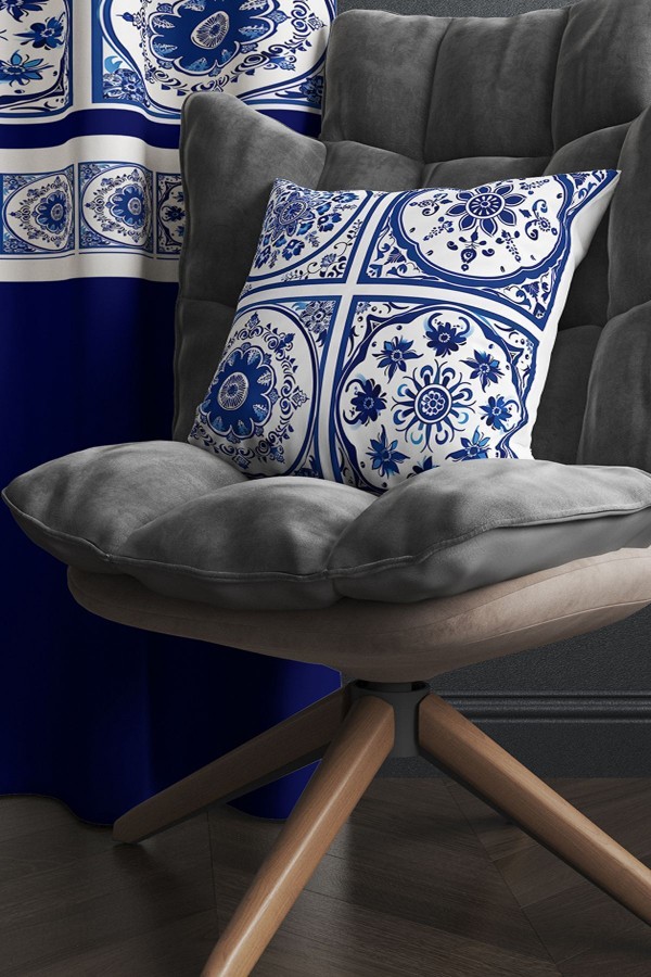 Mavi Beyaz Çini Desenli Baskılı Kırlent Kılıflı Salon Mutfak Fon Perde 140x260 cm Mavi Beyaz Çini Desenli Baskılı Kırlent Kılıflı Salon Mutfak Fon Perde 140x260 cm