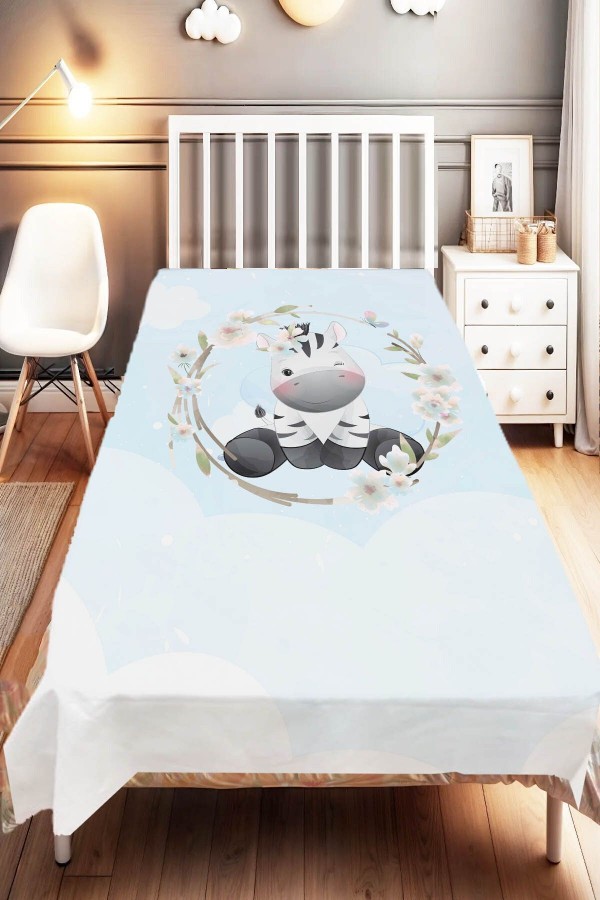 Mavi Sevimli Zebra Hayvanlı Desenli Çocuk Ve Bebek Odası Dekoratif Yatak Örtüsü