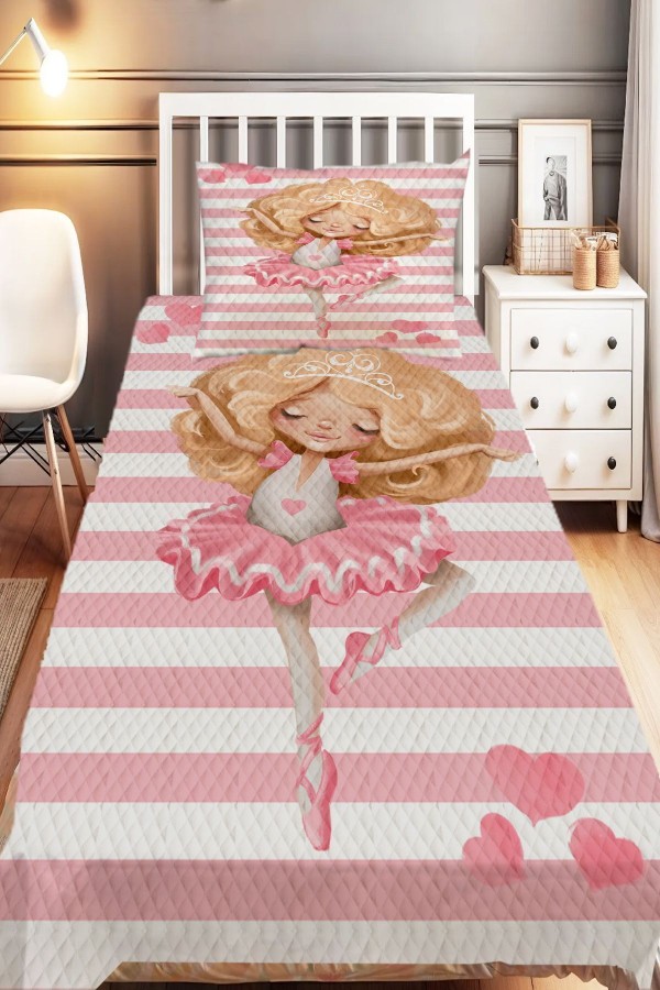 Pembe Beyaz Prenses Desenli Tek Kişilik Çocuk Pike Takımı Pembe Beyaz Prenses Desenli Tek Kişilik Çocuk Pike Takımı