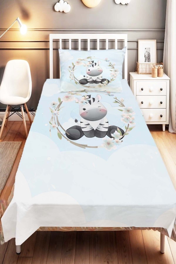 Mavi Sevimli Zebra Hayvanlı Desenli Çocuk Ve Bebek Odası Dekoratif Yatak Örtüsü