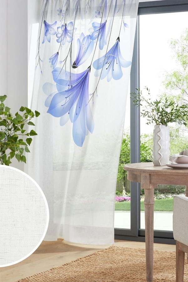 Mavi Çiçekler Desen Baskılı Dekoratif Salon Mutfak Tül Perde 140x260cm