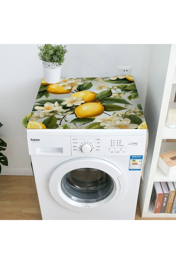 Yeşil Yapraklı Limonlu Desenli Dekoratif Bulaşık Kurutma ve Çamaşır Makinesi Örtüsü 60x140cm