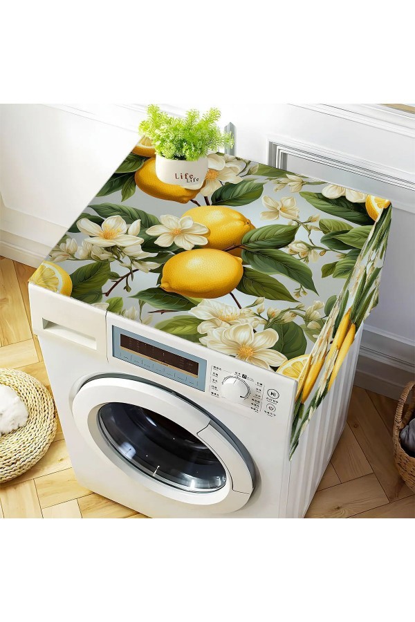 Yeşil Yapraklı Limonlu Desenli Dekoratif Bulaşık Kurutma ve Çamaşır Makinesi Örtüsü 60x140cm