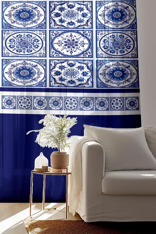 Mavi Beyaz Çini Desenli Baskılı Dekoratif Salon Mutfak Tül Perde 140x260cm Mavi Beyaz Çini Desenli Baskılı Dekoratif Salon Mutfak Tül Perde 140x260cm