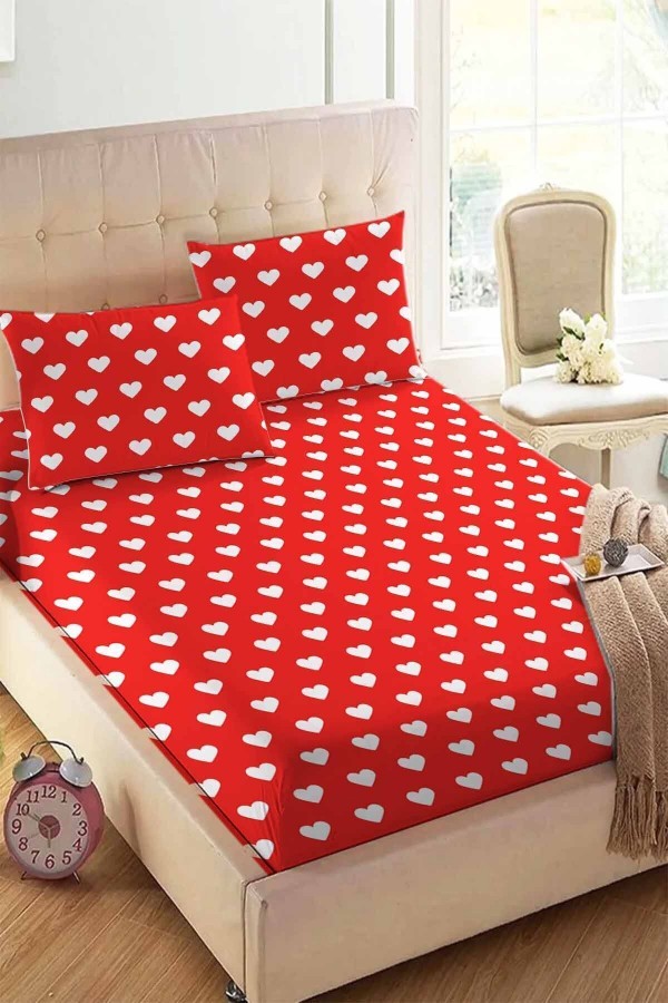 Else Kırmızı Kalpli Desenli Lastikli Çift Kişilik Lastikli Yastıklı Çarşaf Takımı 160x200cm