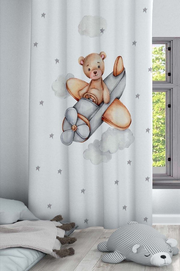 Uçaklı Ayıcıklı Hayvanlı Desenli Dekoratif Çocuk Ve Bebek Odası Fon Perde Uçaklı Ayıcıklı Hayvanlı Desenli Dekoratif Çocuk Ve Bebek Odası Fon Perde
