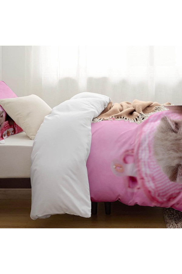 Pembe Sevimki Kediler Desenli Baskılı Pamuk Saten Çocuk ve Tek Kişilik Nevresim Takımı