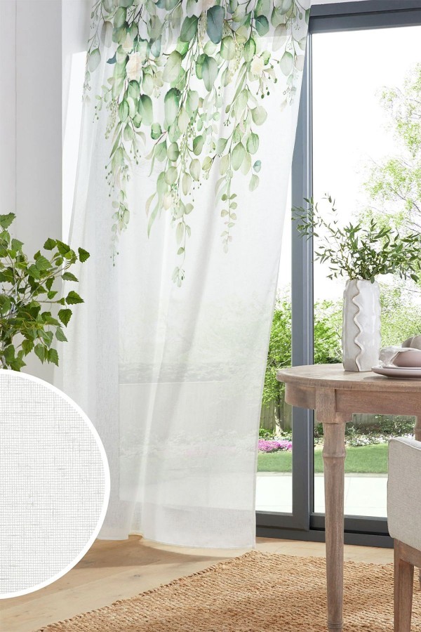 Yeşil Okaliptus Sarmaşık Desen Baskılı Dekoratif Salon Mutfak Tül Perde 140x260cm