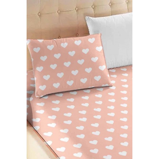 Yavruağzı Pembe Beyaz Kalpli Desenli Lastikli Tek Kişilik Yastıklı Lastikli Çarşaf Takımı 90x190cm Yavruağzı Pembe Beyaz Kalpli Desenli Lastikli Tek Kişilik Yastıklı Lastikli Çarşaf Takımı 90x190cm