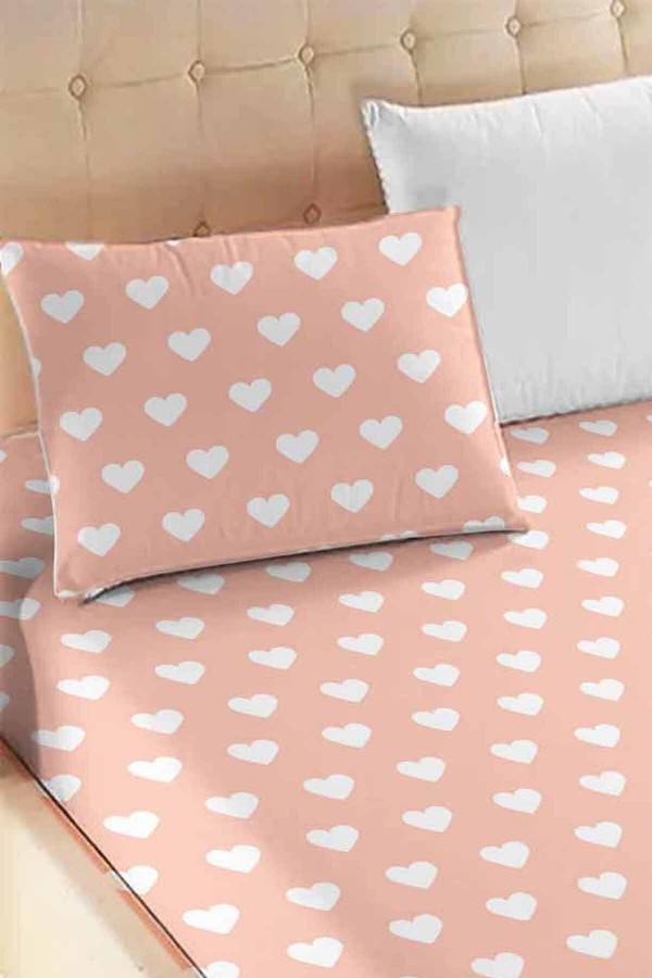 Yavruağzı Pembe Beyaz Kalpli Desenli Lastikli Tek Kişilik Yastıklı Lastikli Çarşaf Takımı 90x190cm Yavruağzı Pembe Beyaz Kalpli Desenli Lastikli Tek Kişilik Yastıklı Lastikli Çarşaf Takımı 90x190cm